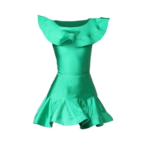 Kids latin dresses competition girls green white pink stage performance professional salsa chacha rumba dance tops and skirts